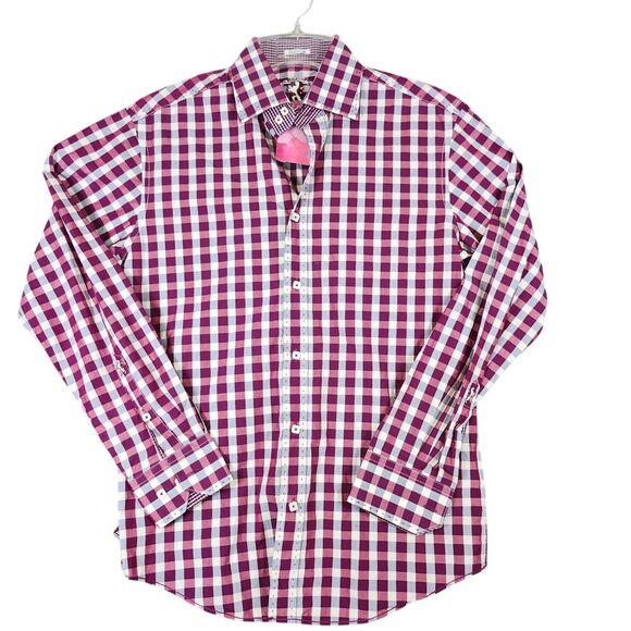 Bugachi Burgundy White Gingham Check Button Down Dress Shirt Lion Logo Embroider - Picture 1 of 10
